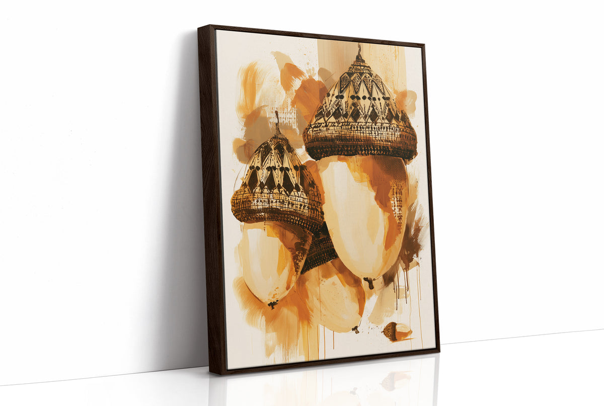 Where the Acorns Hold Their Amber, painterly oak nuts with carved caps and drips of ochre and cream on a pale ground, as a framed canvas in a brown frame