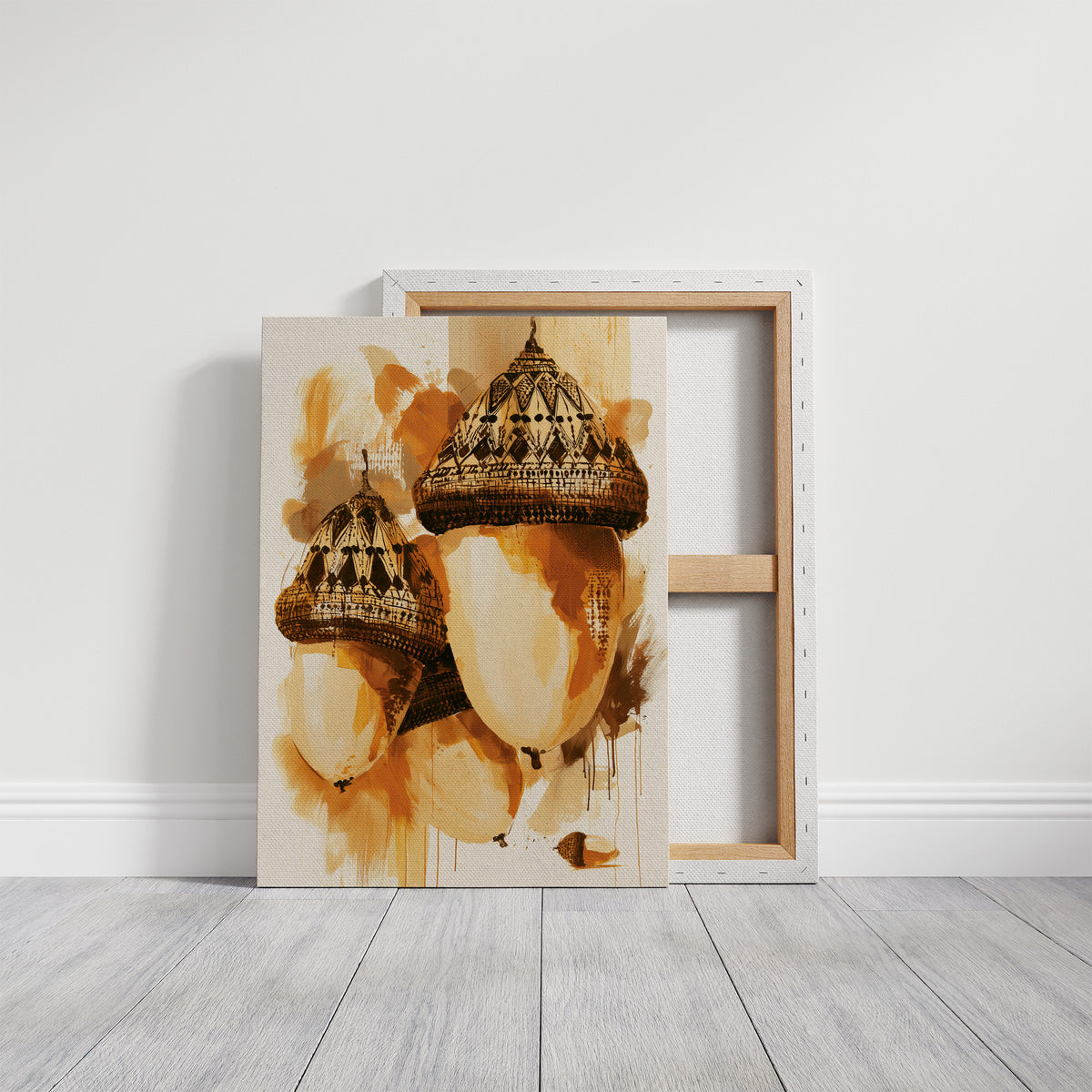Where the Acorns Hold Their Amber, painterly oak nuts with carved caps and drips of ochre and cream on a pale ground, on a gallery canvas with wrapped edges leaning against a white wall