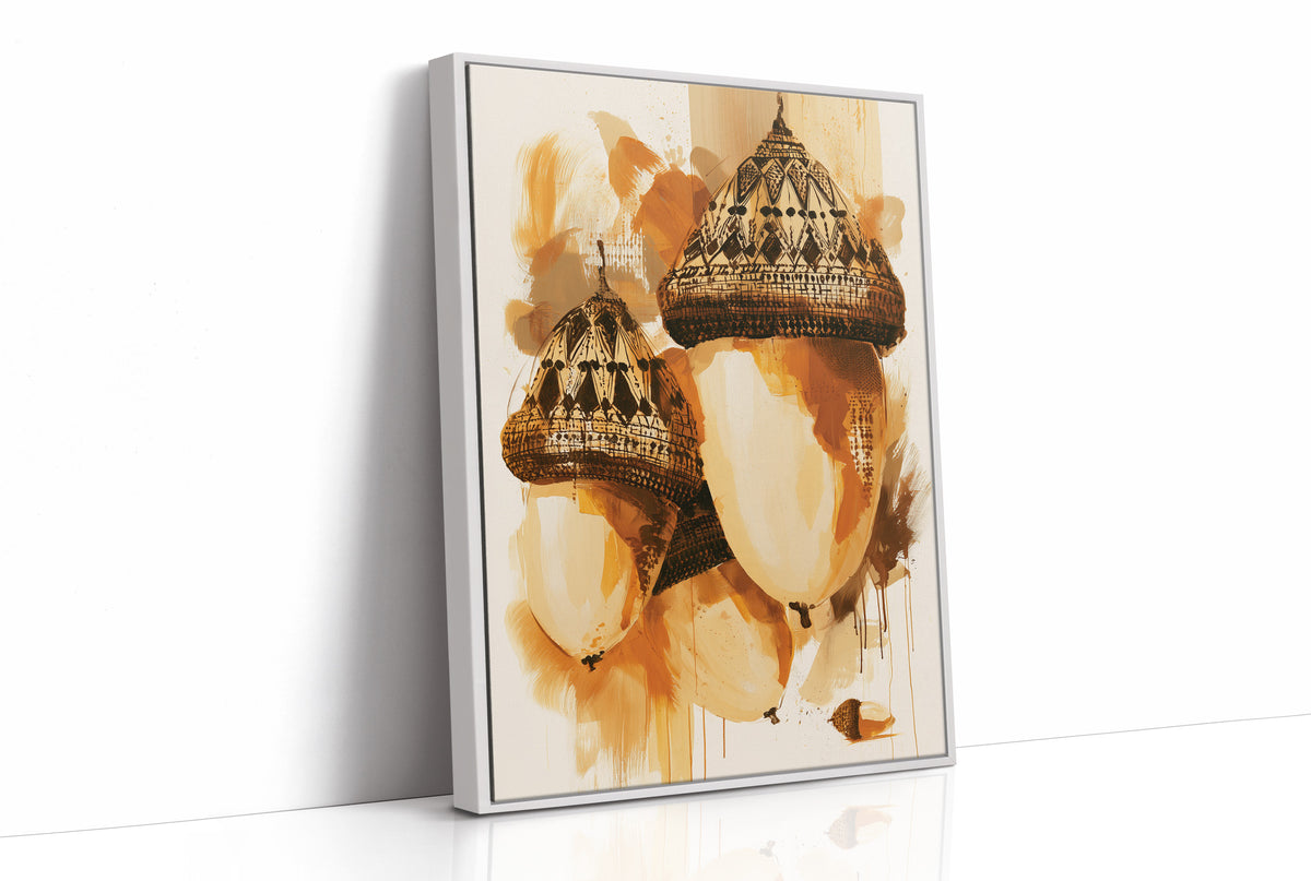 Where the Acorns Hold Their Amber, painterly oak nuts with carved caps and drips of ochre and cream on a pale ground, as a framed canvas in a white frame