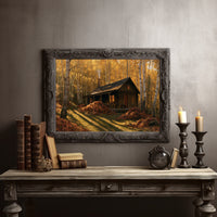 Where the Birches Hold the Light, log cabin in a golden birch forest with red leaf piles and long shadows painting, in a dark carved frame on a gray wall above a console table with candlesticks and old books