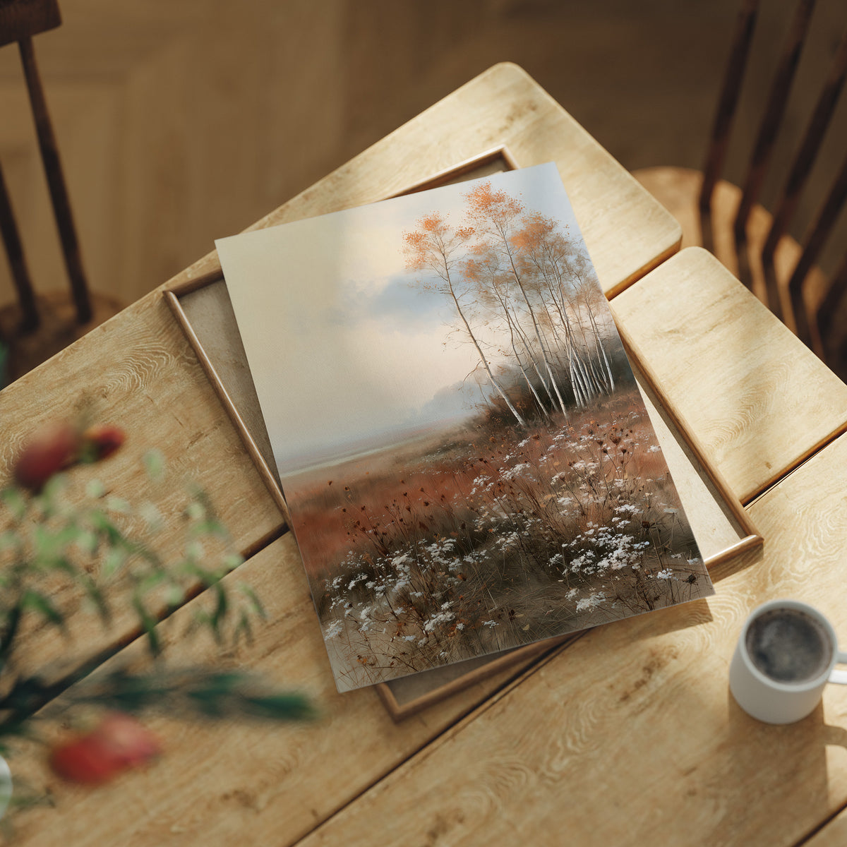 Where the Birches Lean Toward Dusk, a stand of pale birch trees with a few amber leaves in a misty meadow of rust grass and wildflowers under a soft blue sky, painted in dusty blue, rust and cream, lying flat on a light wood table beside a coffee cup and red berries