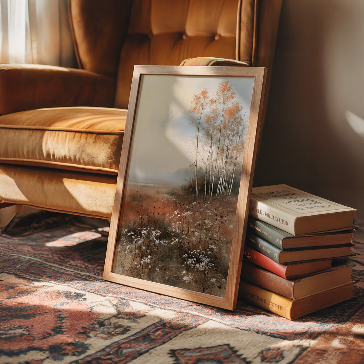 Where the Birches Lean Toward Dusk, a stand of pale birch trees with a few amber leaves in a misty meadow of rust grass and wildflowers under a soft blue sky, painted in dusty blue, rust and cream, in a wood frame on a rug beside a leather armchair and a stack of books