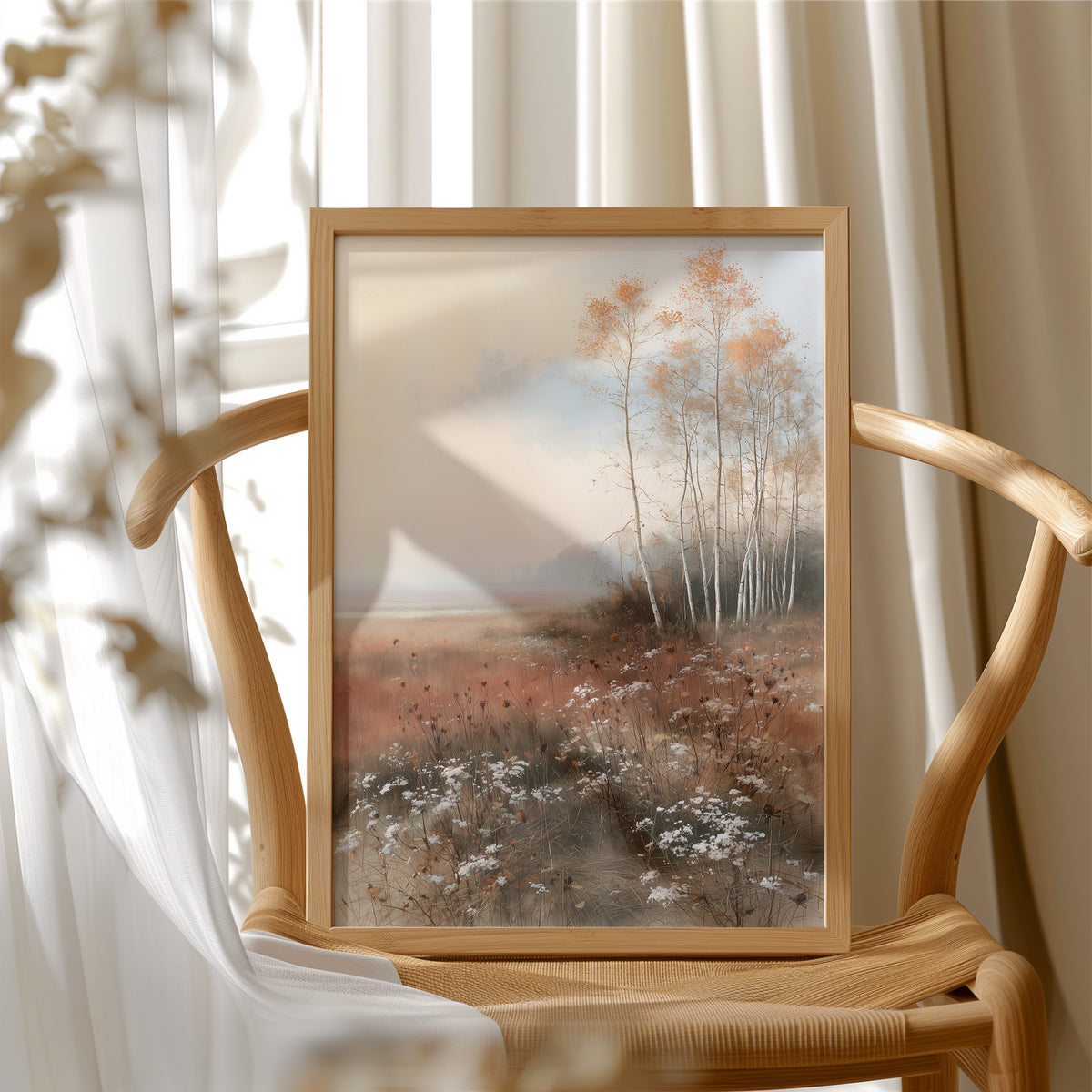Where the Birches Lean Toward Dusk, a stand of pale birch trees with a few amber leaves in a misty meadow of rust grass and wildflowers under a soft blue sky, painted in dusty blue, rust and cream, in a wood frame beside a wicker chair by a sunny window