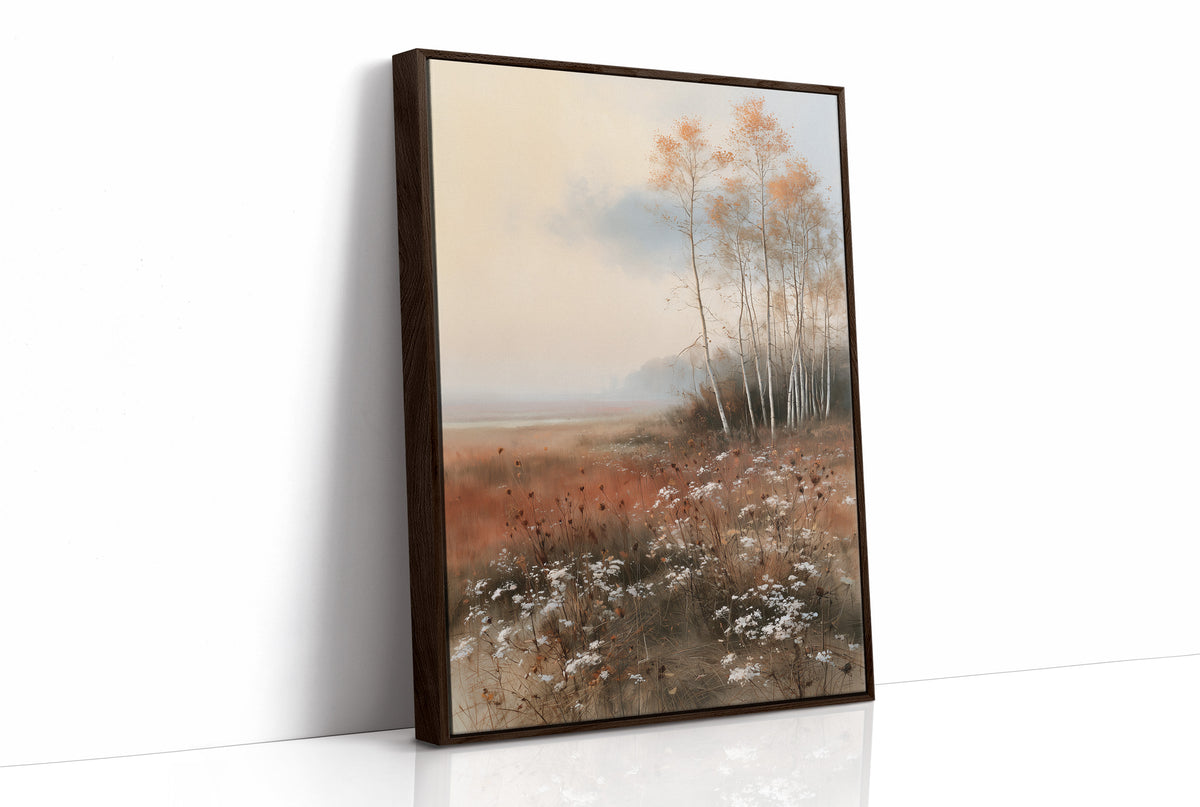 Where the Birches Lean Toward Dusk, a stand of pale birch trees with a few amber leaves in a misty meadow of rust grass and wildflowers under a soft blue sky, painted in dusty blue, rust and cream, as a framed canvas in a brown frame