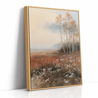 Where the Birches Lean Toward Dusk, a stand of pale birch trees with a few amber leaves in a misty meadow of rust grass and wildflowers under a soft blue sky, painted in dusty blue, rust and cream, as a framed canvas in a natural wood frame