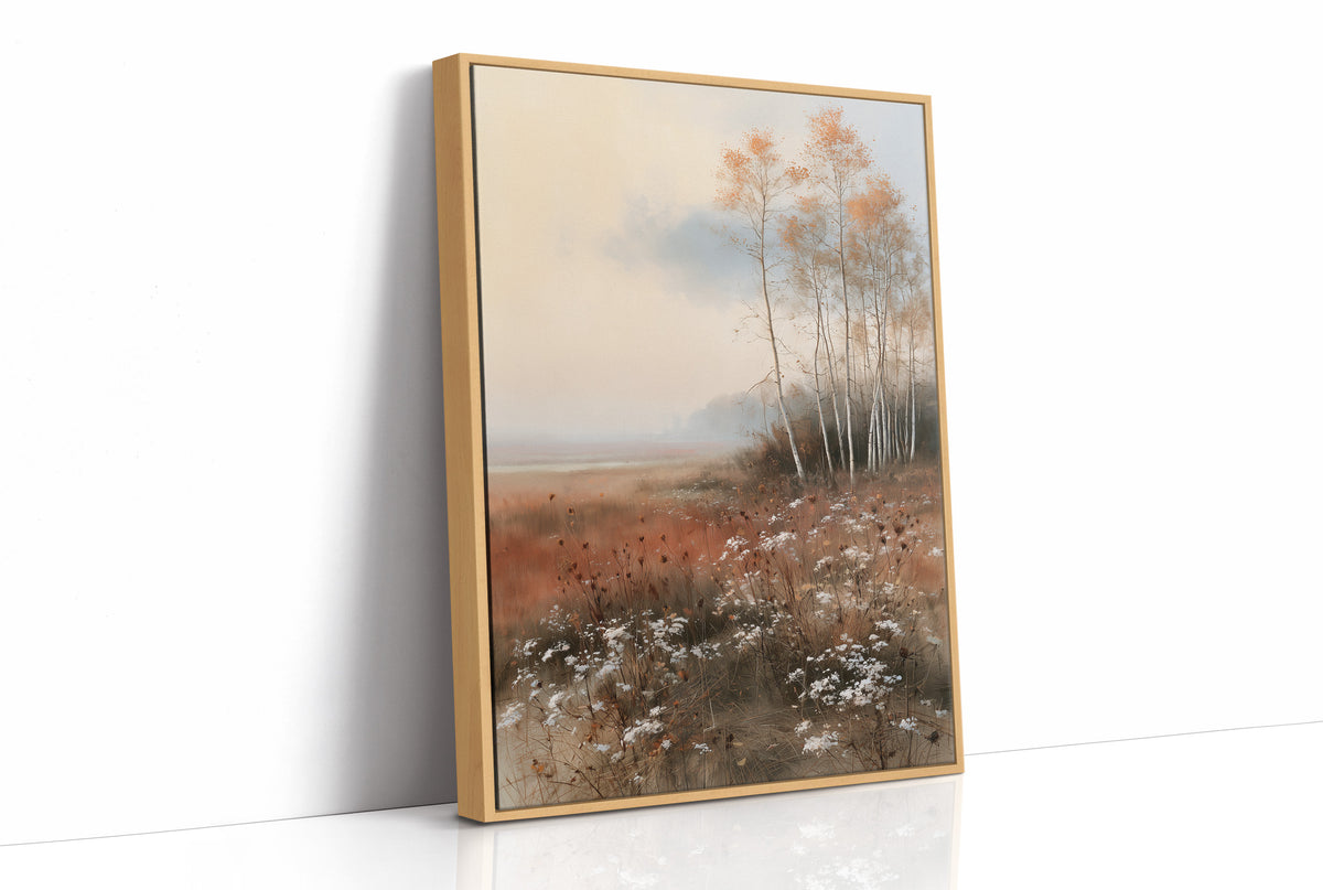 Where the Birches Lean Toward Dusk, a stand of pale birch trees with a few amber leaves in a misty meadow of rust grass and wildflowers under a soft blue sky, painted in dusty blue, rust and cream, as a framed canvas in a natural wood frame