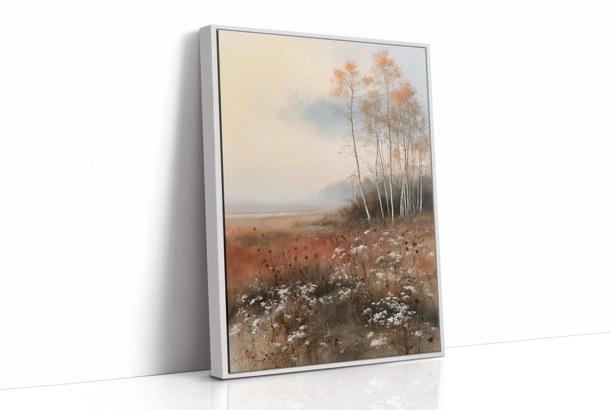 Where the Birches Lean Toward Dusk, a stand of pale birch trees with a few amber leaves in a misty meadow of rust grass and wildflowers under a soft blue sky, painted in dusty blue, rust and cream, as a framed canvas in a white frame