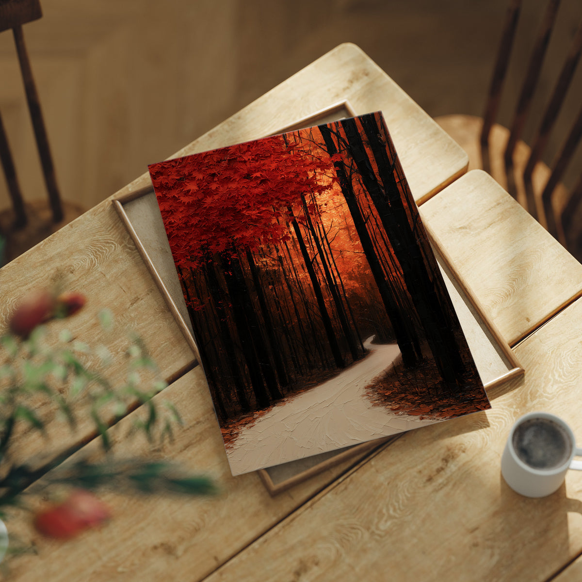Where the Crimson Path Bends, a winding forest path through tall dark trunks under a blaze of red canopy, painted in deep crimson, russet and warm shadow, lying flat on a light wood table beside a coffee cup and red berries