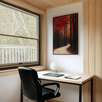 Where the Crimson Path Bends, a winding forest path through tall dark trunks under a blaze of red canopy, painted in deep crimson, russet and warm shadow, on a study wall above a writing desk and a black desk chair
