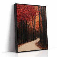 Where the Crimson Path Bends, a winding forest path through tall dark trunks under a blaze of red canopy, painted in deep crimson, russet and warm shadow, as a framed canvas in a black frame