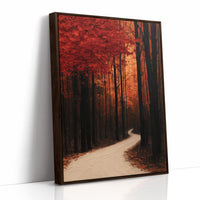 Where the Crimson Path Bends, a winding forest path through tall dark trunks under a blaze of red canopy, painted in deep crimson, russet and warm shadow, as a framed canvas in a brown frame