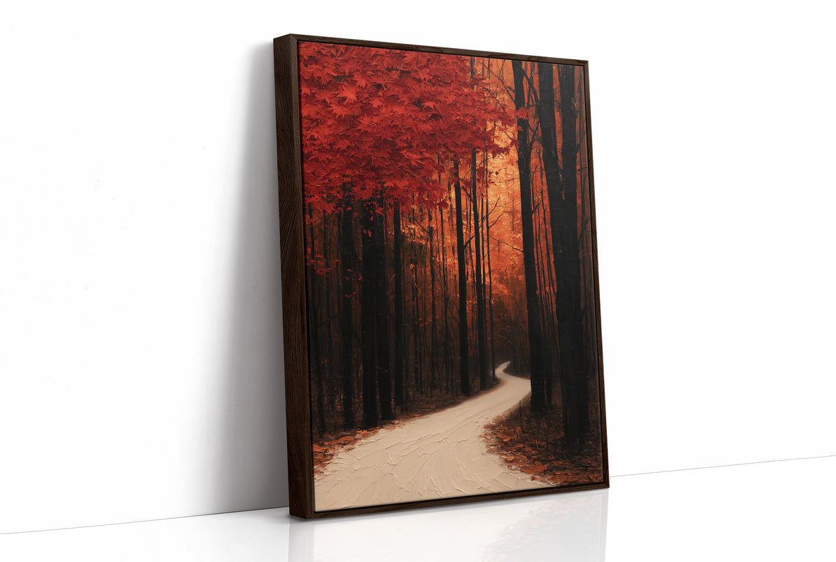 Where the Crimson Path Bends, a winding forest path through tall dark trunks under a blaze of red canopy, painted in deep crimson, russet and warm shadow, as a framed canvas in a brown frame