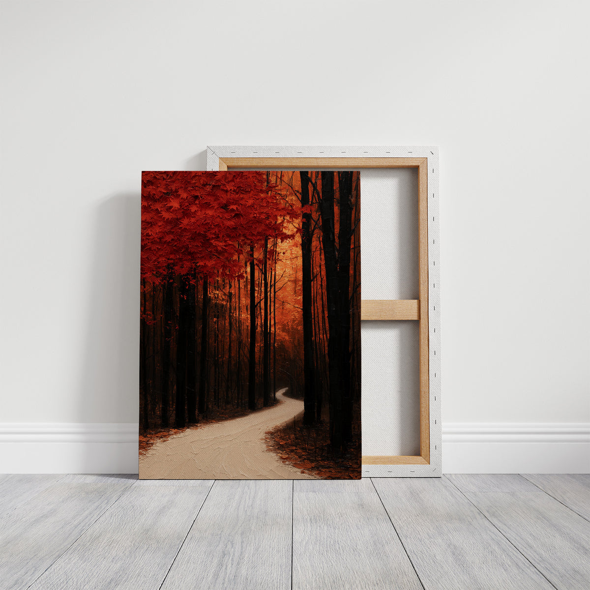 Where the Crimson Path Bends, a winding forest path through tall dark trunks under a blaze of red canopy, painted in deep crimson, russet and warm shadow, on a gallery canvas with wrapped edges leaning against a white wall