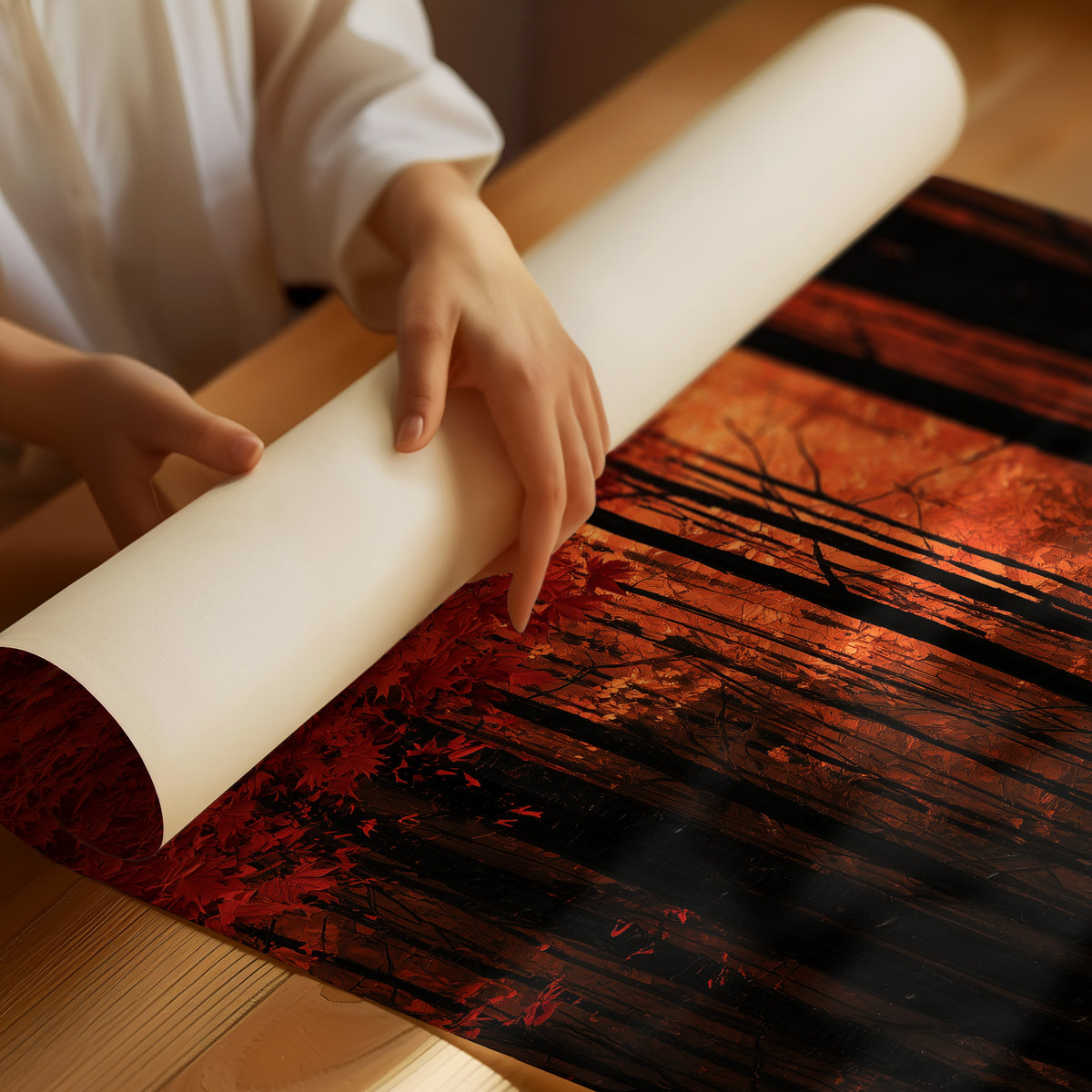 Where the Crimson Path Bends, a winding forest path through tall dark trunks under a blaze of red canopy, painted in deep crimson, russet and warm shadow, as a matte poster, unframed