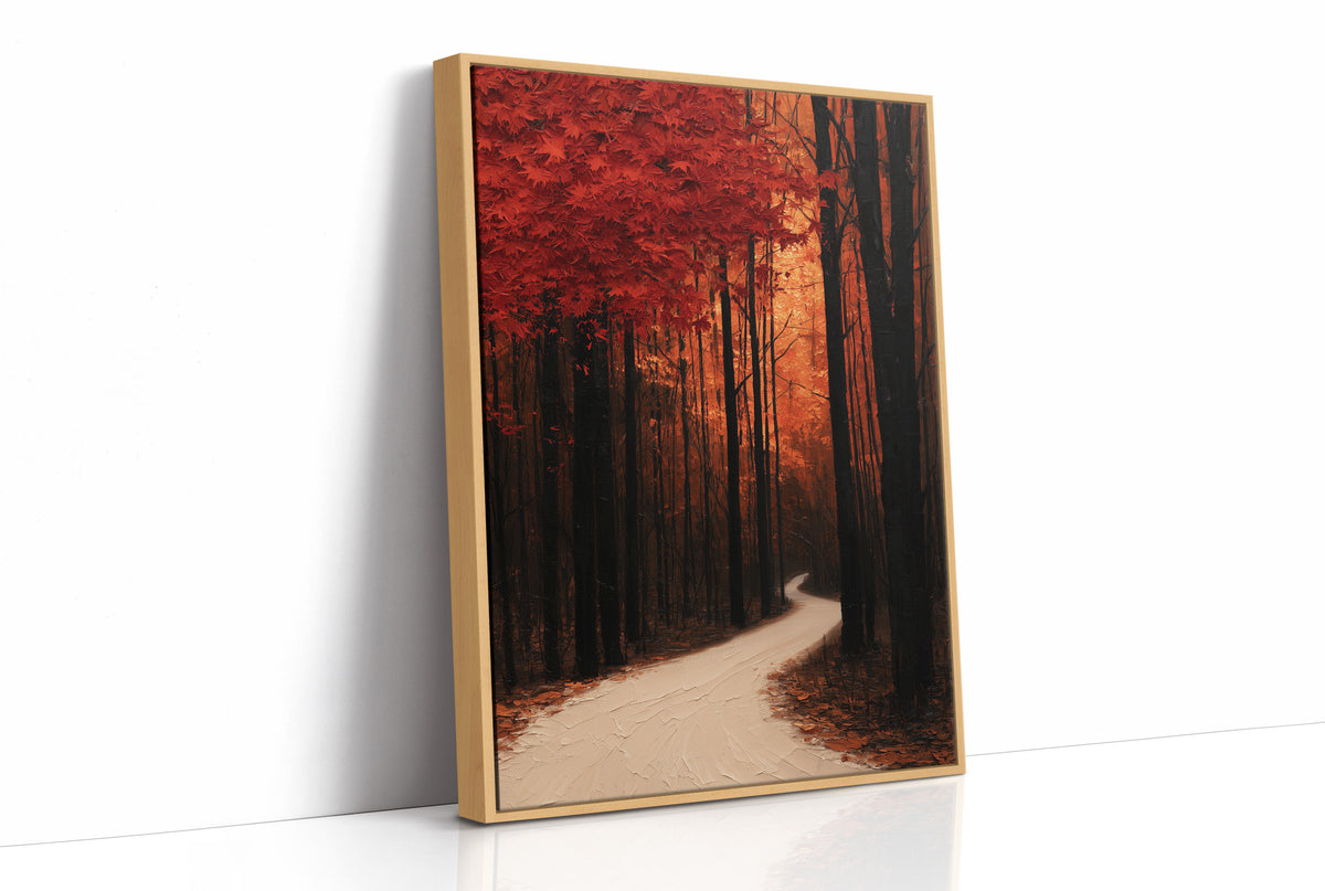 Where the Crimson Path Bends, a winding forest path through tall dark trunks under a blaze of red canopy, painted in deep crimson, russet and warm shadow, as a framed canvas in a natural wood frame