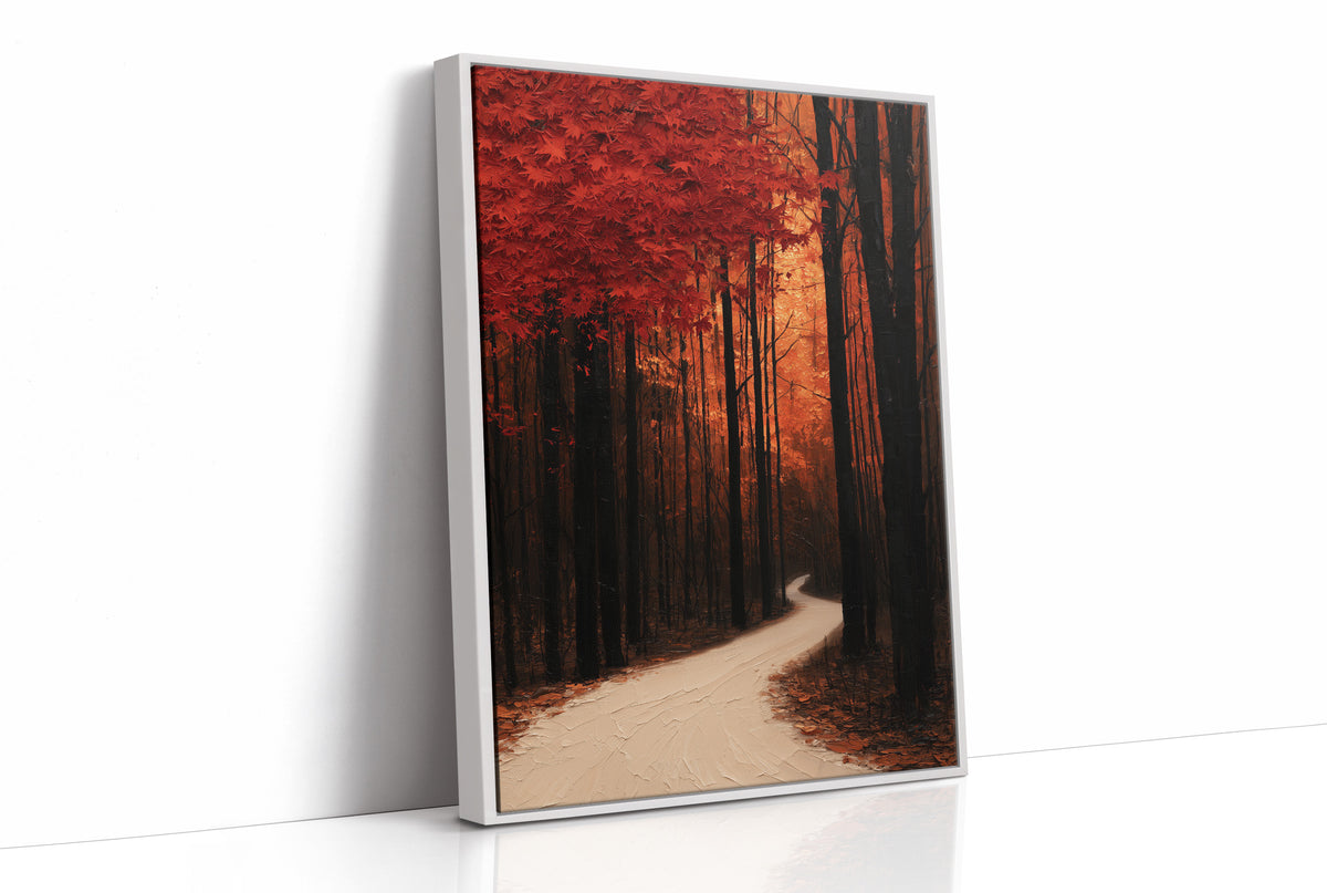 Where the Crimson Path Bends, a winding forest path through tall dark trunks under a blaze of red canopy, painted in deep crimson, russet and warm shadow, as a framed canvas in a white frame