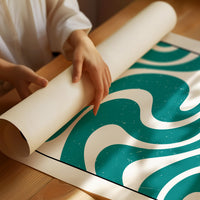 Where the Current Turns Gently, a bold teal wave pattern of stacked curving bands in cream and dark teal, with the word CURRENT in black block letters and a small kanji beside it, in a clean retro poster style, as a matte poster, unframed