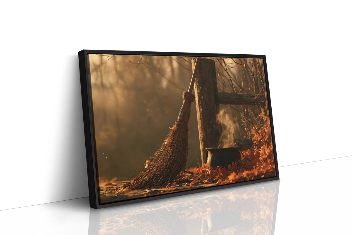Where the Leaves Lie Down, a wooded path of fallen leaves in amber and rust under soft morning light, as a framed canvas in a black frame