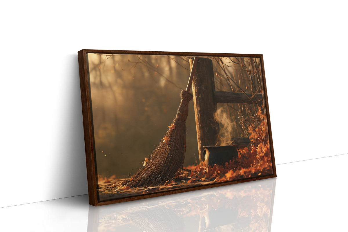 Where the Leaves Lie Down, a wooded path of fallen leaves in amber and rust under soft morning light, as a framed canvas in a brown frame