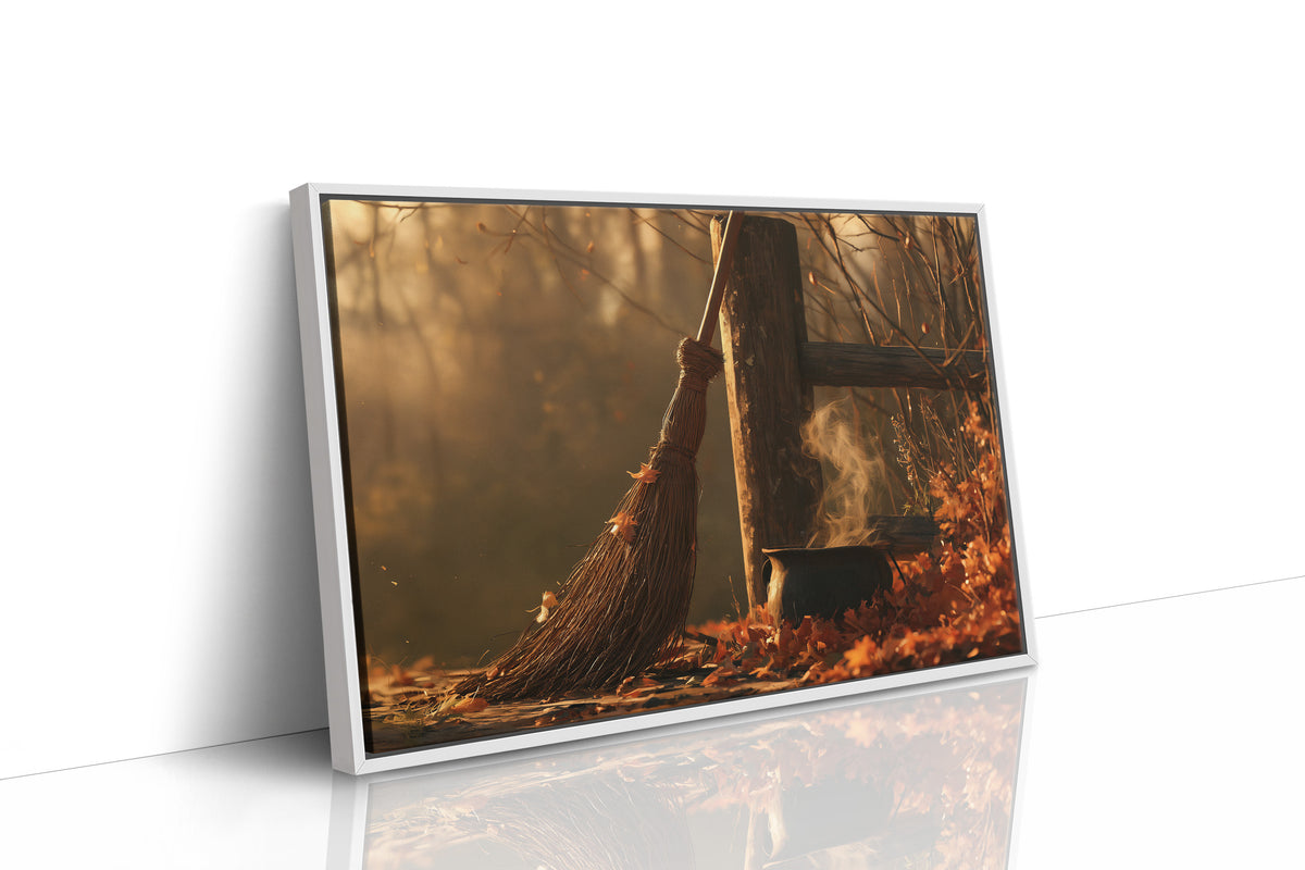 Where the Leaves Lie Down, a wooded path of fallen leaves in amber and rust under soft morning light, as a framed canvas in a white frame