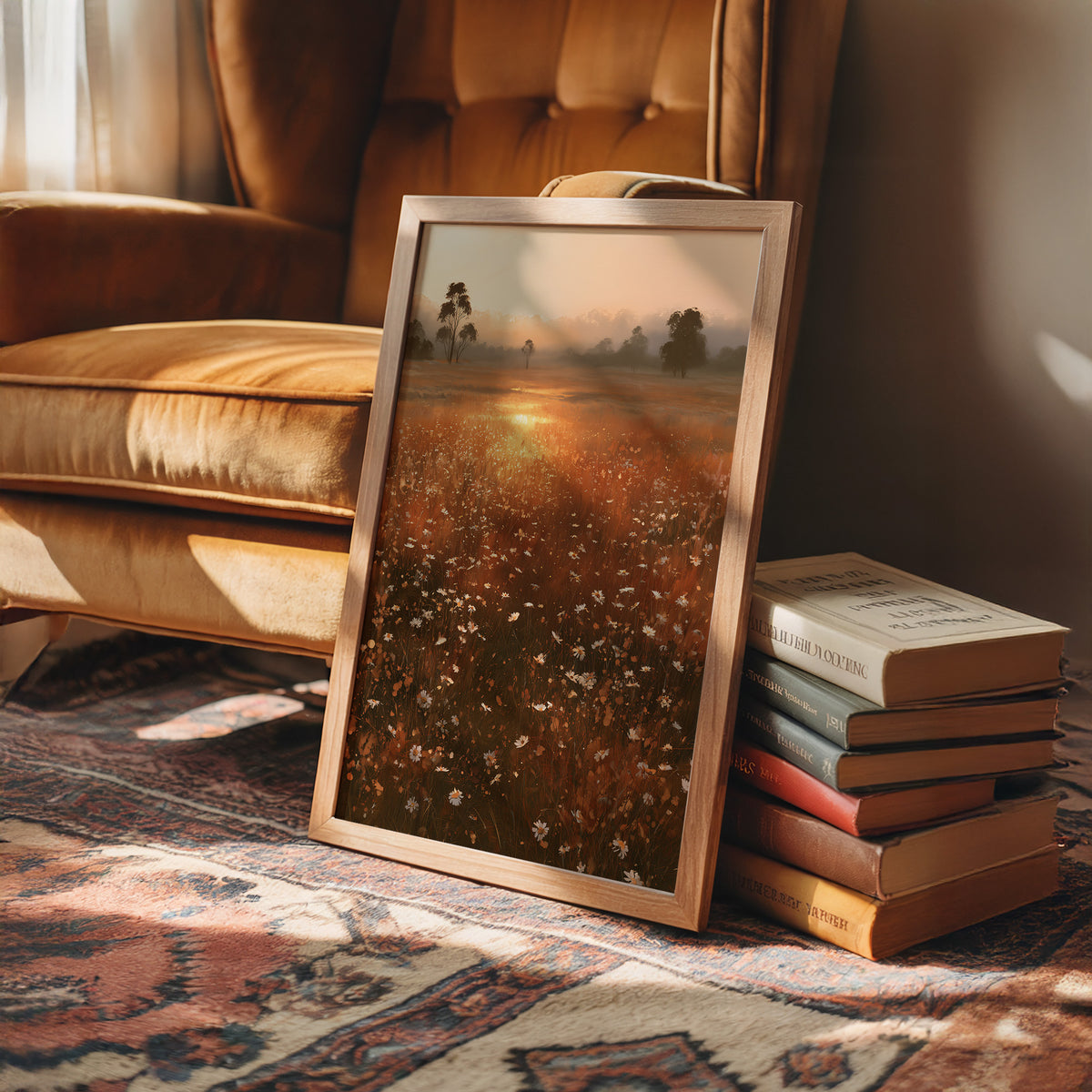 Where the Meadow Holds the Sun, a misty field of wildflowers and grass running toward a low sun, a line of dark trees at the horizon, painted in rust, amber and dusky plum, in a wood frame on a rug beside a leather armchair and a stack of books