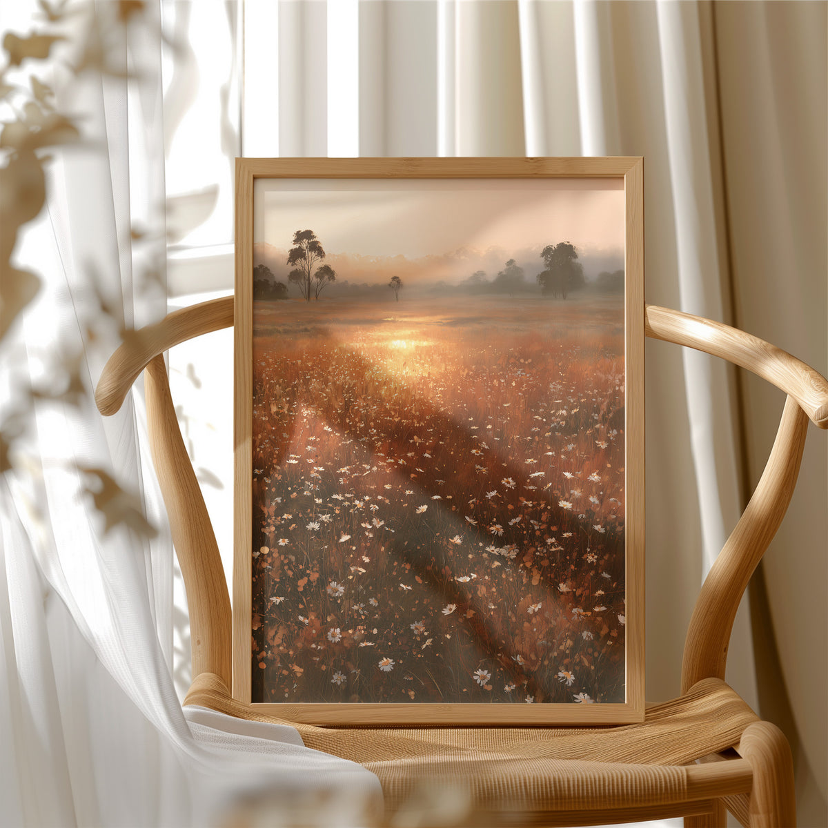 Where the Meadow Holds the Sun, a misty field of wildflowers and grass running toward a low sun, a line of dark trees at the horizon, painted in rust, amber and dusky plum, in a wood frame beside a wicker chair by a sunny window