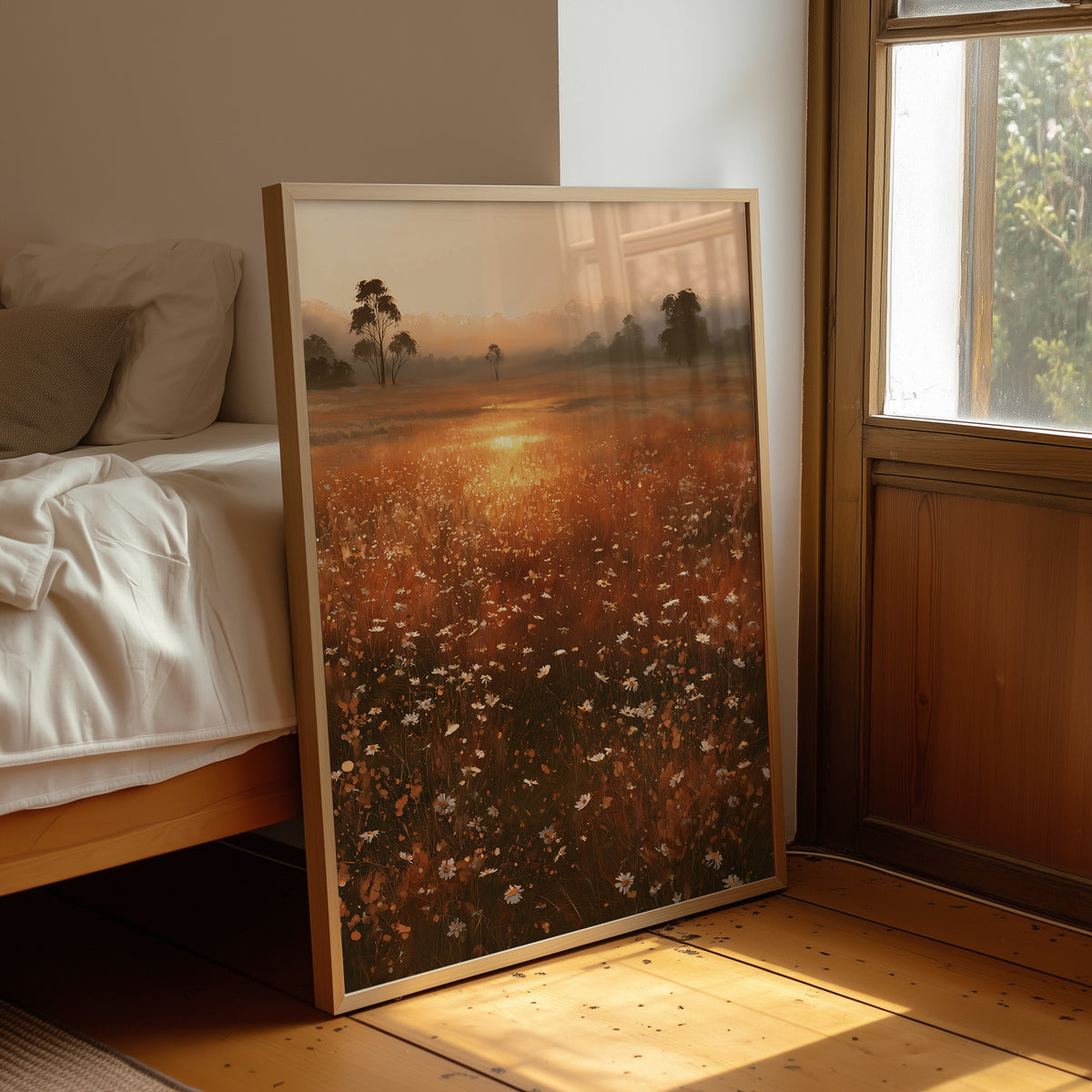 Where the Meadow Holds the Sun, a misty field of wildflowers and grass running toward a low sun, a line of dark trees at the horizon, painted in rust, amber and dusky plum, leaning on a wood floor in a bedroom beside white linen bedding