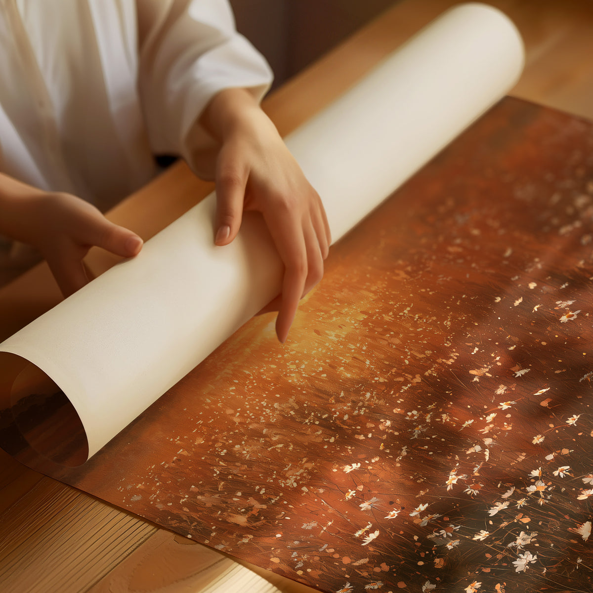Where the Meadow Holds the Sun, a misty field of wildflowers and grass running toward a low sun, a line of dark trees at the horizon, painted in rust, amber and dusky plum, as a matte poster, unframed