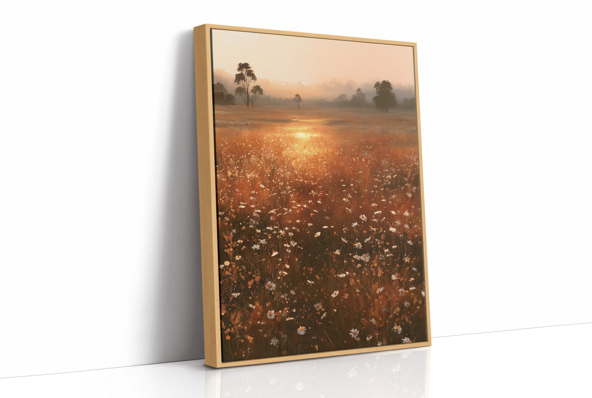 Where the Meadow Holds the Sun, a misty field of wildflowers and grass running toward a low sun, a line of dark trees at the horizon, painted in rust, amber and dusky plum, as a framed canvas in a natural wood frame