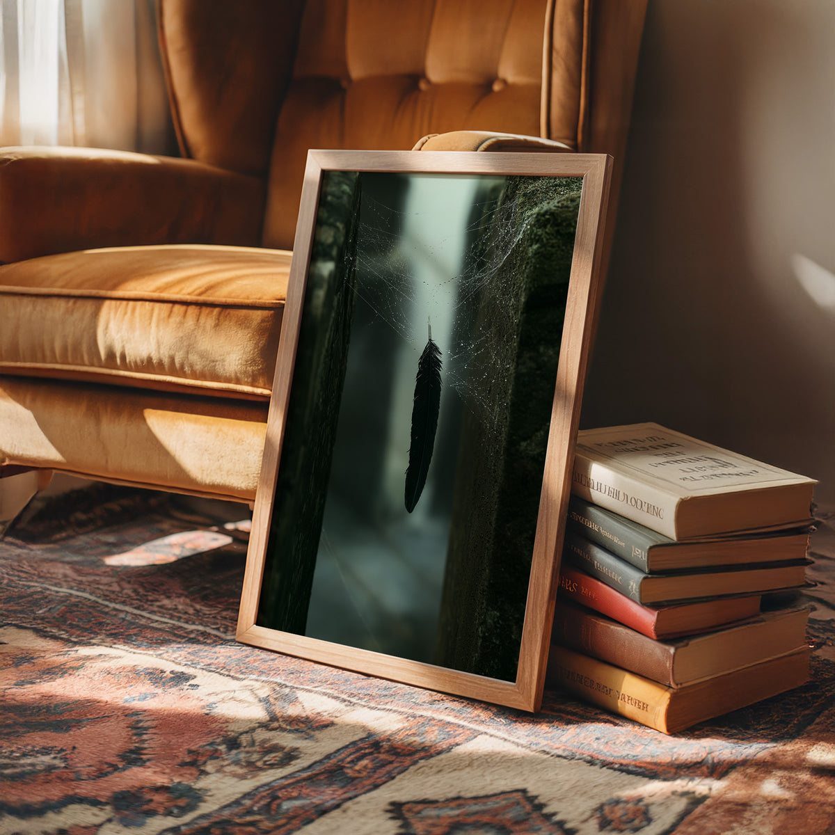 Where the Mist Leaves a Door Open, a narrow path between tall dark trees in pale fog, a single dark cypress at the center, deep green and charcoal moody landscape, in a wood frame beside a leather armchair and a stack of books