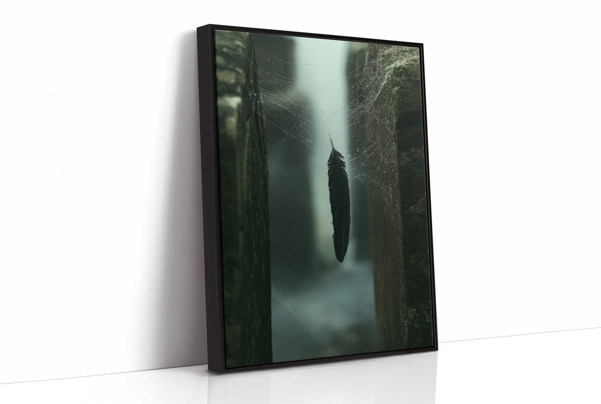 Where the Mist Leaves a Door Open, a narrow path between tall dark trees in pale fog, a single dark cypress at the center, deep green and charcoal moody landscape, as a framed canvas in a black frame