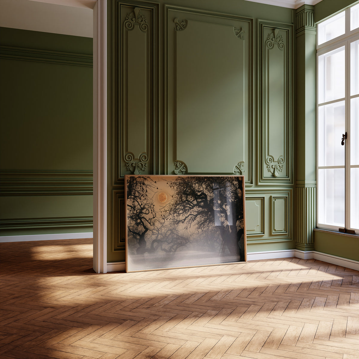Where the Old Oak Keeps Watch, a bare twisted tree silhouetted against an amber full moon above a misty dark forest, leaning on a herringbone floor in a green paneled room with tall windows