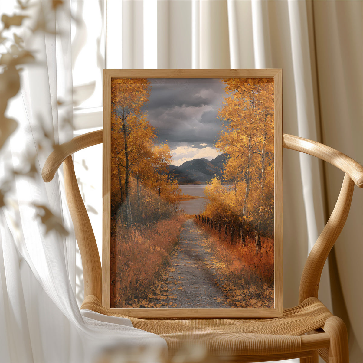 Where the Storm Lets Go of the Lane, a dirt lane between gold birches toward soft mountains under a clearing gray sky, painted in amber, slate and rust, in a wood frame beside a wicker chair by a sunny window