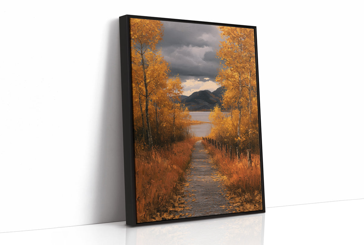 Where the Storm Lets Go of the Lane, a dirt lane between gold birches toward soft mountains under a clearing gray sky, painted in amber, slate and rust, as a framed canvas in a black frame