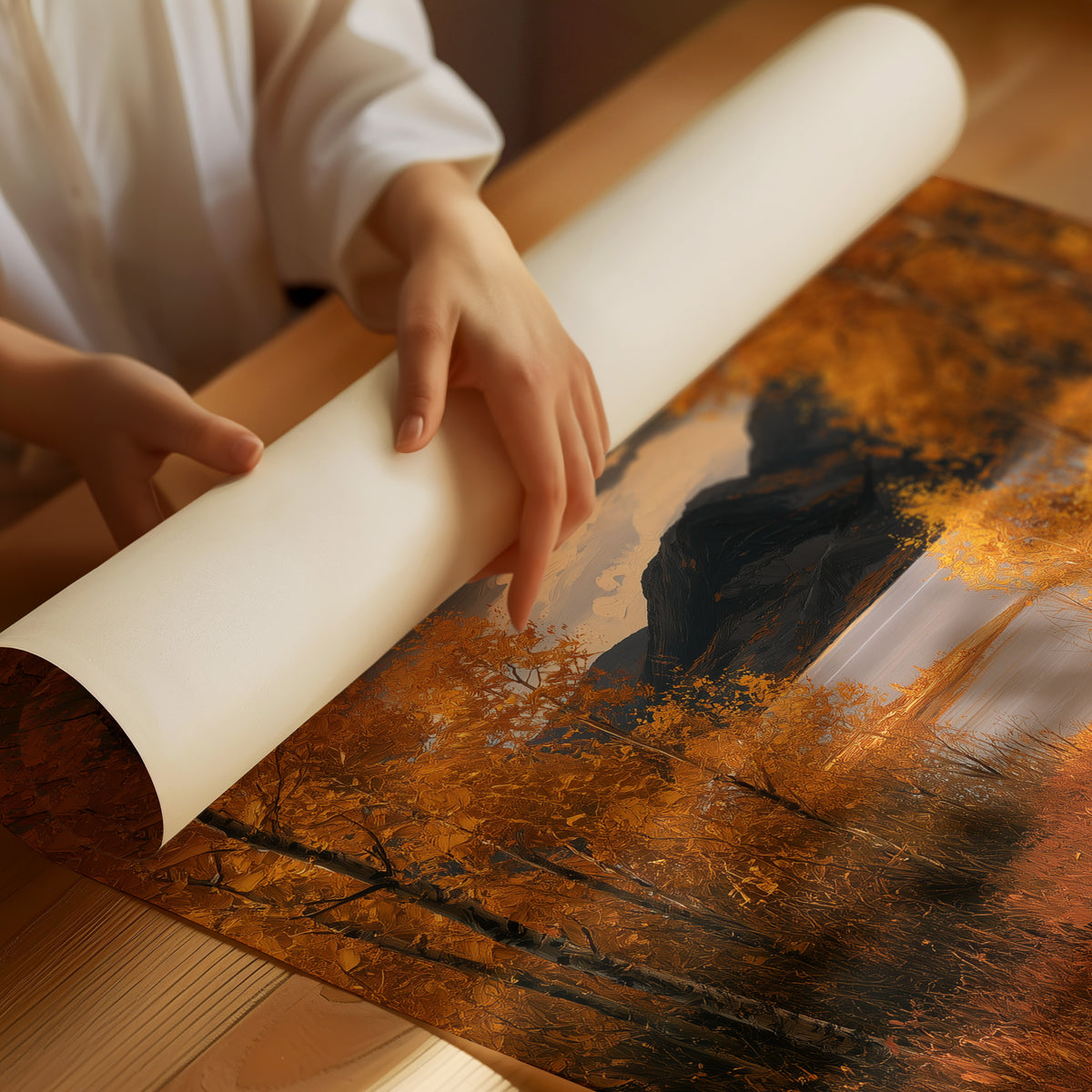 Where the Storm Lets Go of the Lane, a dirt lane between gold birches toward soft mountains under a clearing gray sky, painted in amber, slate and rust, as a matte poster, unframed