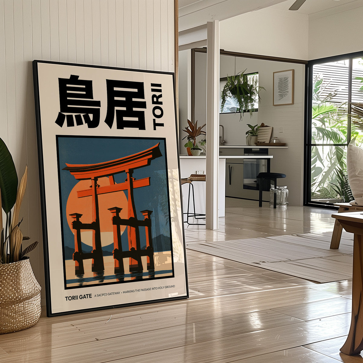 Where the Tide Meets the Posts, a vermilion torii shrine gate standing in shallow teal water beneath a bright orange sun, in a flat Japanese travel poster style with bold black lettering, painted in vermilion, teal and cream, in a black frame leaning on a bright hallway floor beside a potted plant