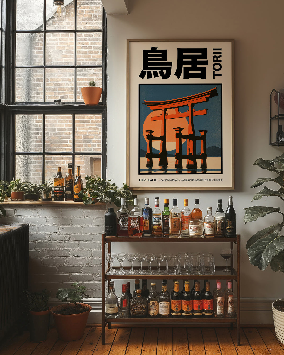 Where the Tide Meets the Posts, a vermilion torii shrine gate standing in shallow teal water beneath a bright orange sun, in a flat Japanese travel poster style with bold black lettering, painted in vermilion, teal and cream, in a wood frame on a brick wall above a bar cart of bottles and plants