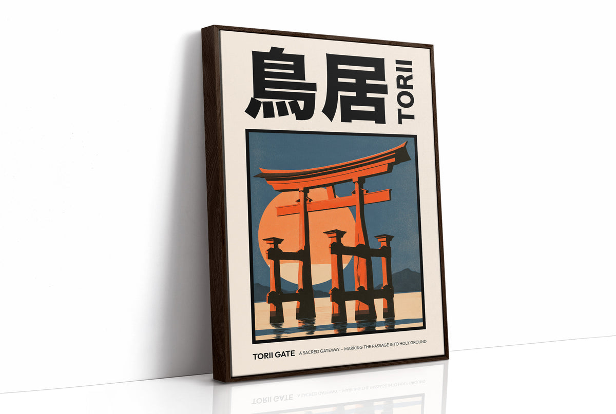 Where the Tide Meets the Posts, a vermilion torii shrine gate standing in shallow teal water beneath a bright orange sun, in a flat Japanese travel poster style with bold black lettering, painted in vermilion, teal and cream, as a framed canvas in a brown frame