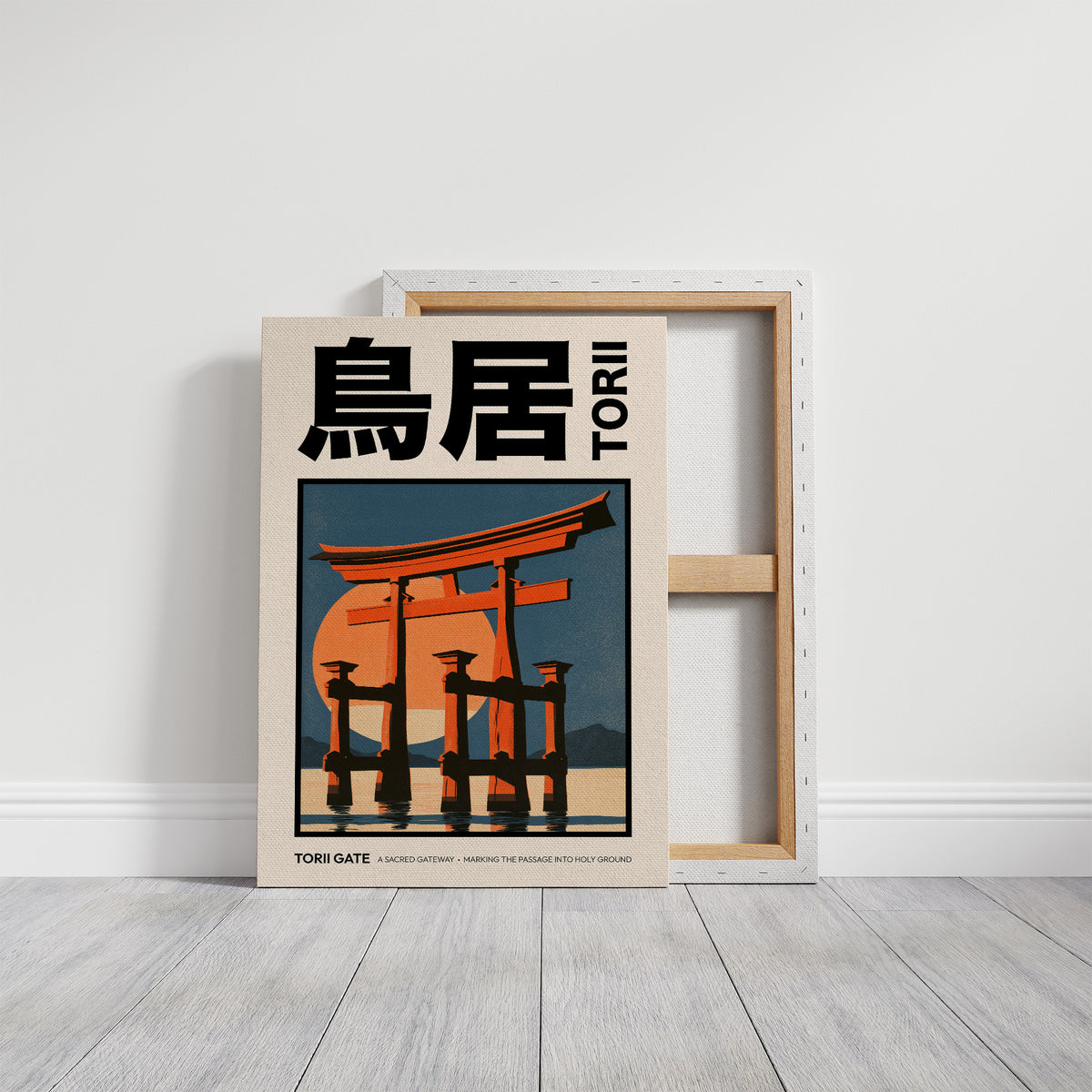 Where the Tide Meets the Posts, a vermilion torii shrine gate standing in shallow teal water beneath a bright orange sun, in a flat Japanese travel poster style with bold black lettering, painted in vermilion, teal and cream, on a gallery canvas with wrapped edges leaning against a white wall