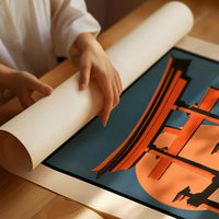 Where the Tide Meets the Posts, a vermilion torii shrine gate standing in shallow teal water beneath a bright orange sun, in a flat Japanese travel poster style with bold black lettering, painted in vermilion, teal and cream, as a matte poster, unframed