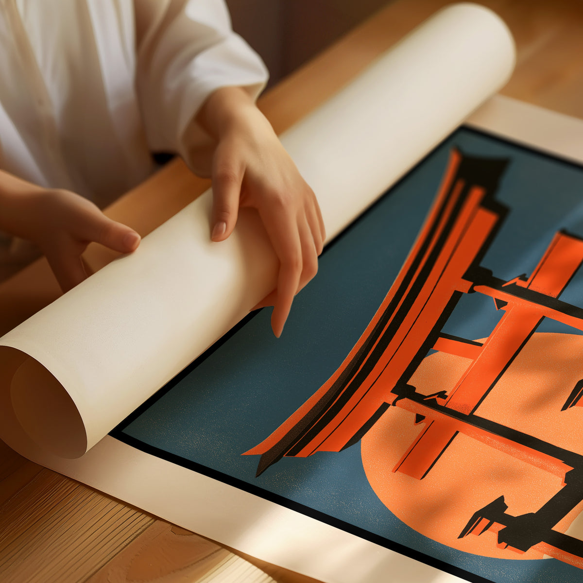 Where the Tide Meets the Posts, a vermilion torii shrine gate standing in shallow teal water beneath a bright orange sun, in a flat Japanese travel poster style with bold black lettering, painted in vermilion, teal and cream, as a matte poster, unframed