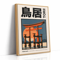 Where the Tide Meets the Posts, a vermilion torii shrine gate standing in shallow teal water beneath a bright orange sun, in a flat Japanese travel poster style with bold black lettering, painted in vermilion, teal and cream, as a framed canvas in a natural wood frame