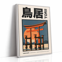 Where the Tide Meets the Posts, a vermilion torii shrine gate standing in shallow teal water beneath a bright orange sun, in a flat Japanese travel poster style with bold black lettering, painted in vermilion, teal and cream, as a framed canvas in a white frame