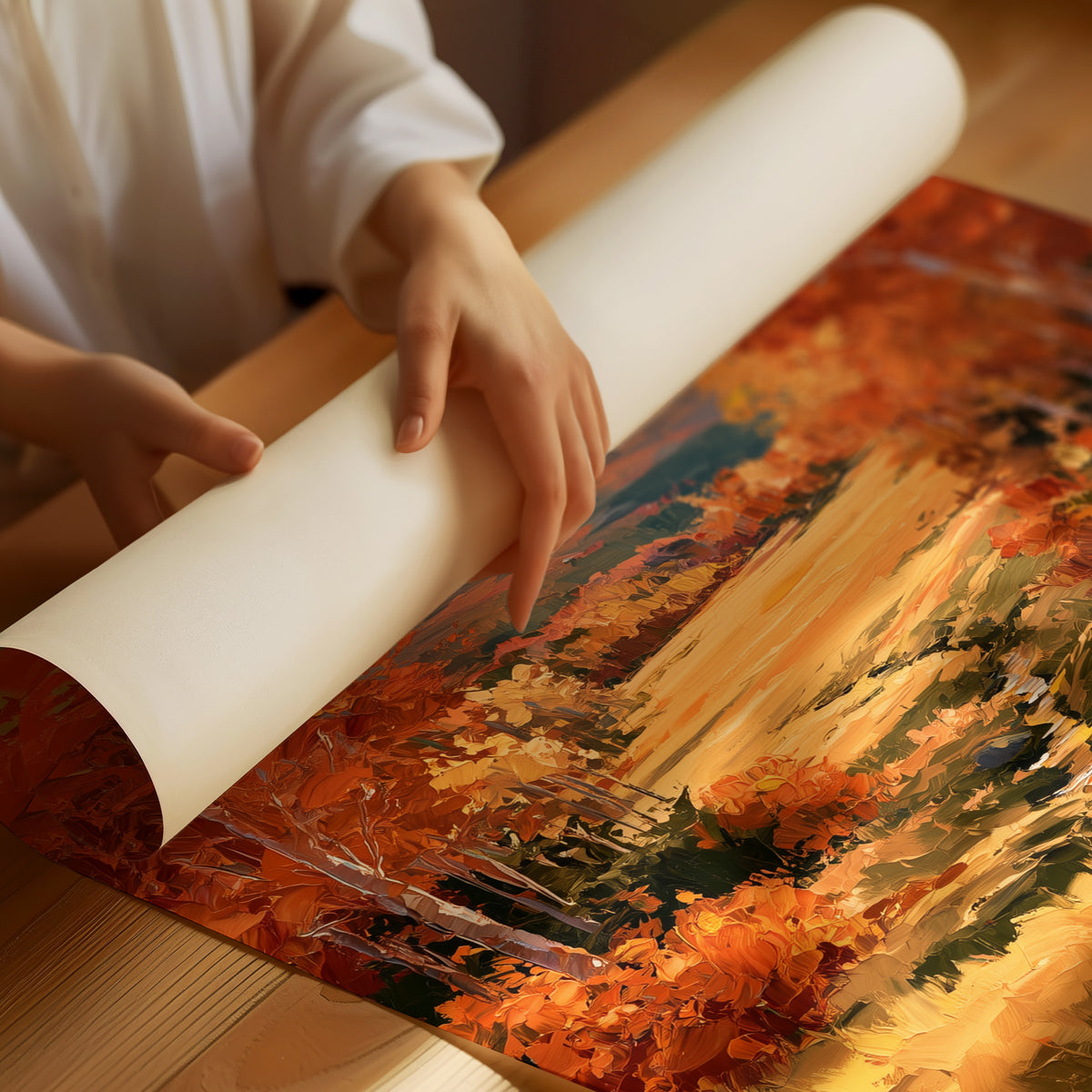 Where the Valley Turns Amber, an autumn valley of aspen trees in amber and rust beside a winding creek, with blue mountains and a pale sky above, painted in amber, rust and sky blue, as a matte poster, unframed