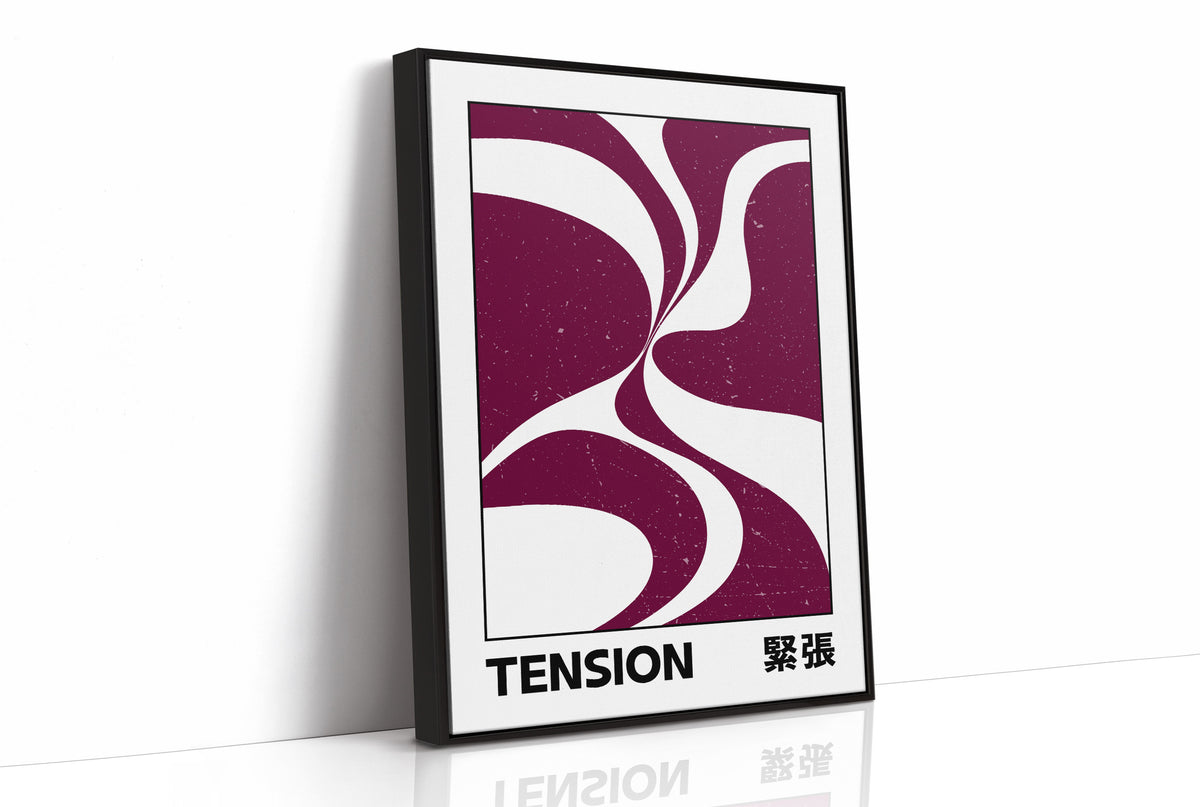 Where Two Curves Almost Touch, two maroon curved forms on a cream ground that lean toward each other and almost meet, with the word TENSION in black capitals and a small Japanese word beside it, as a framed canvas in a black frame