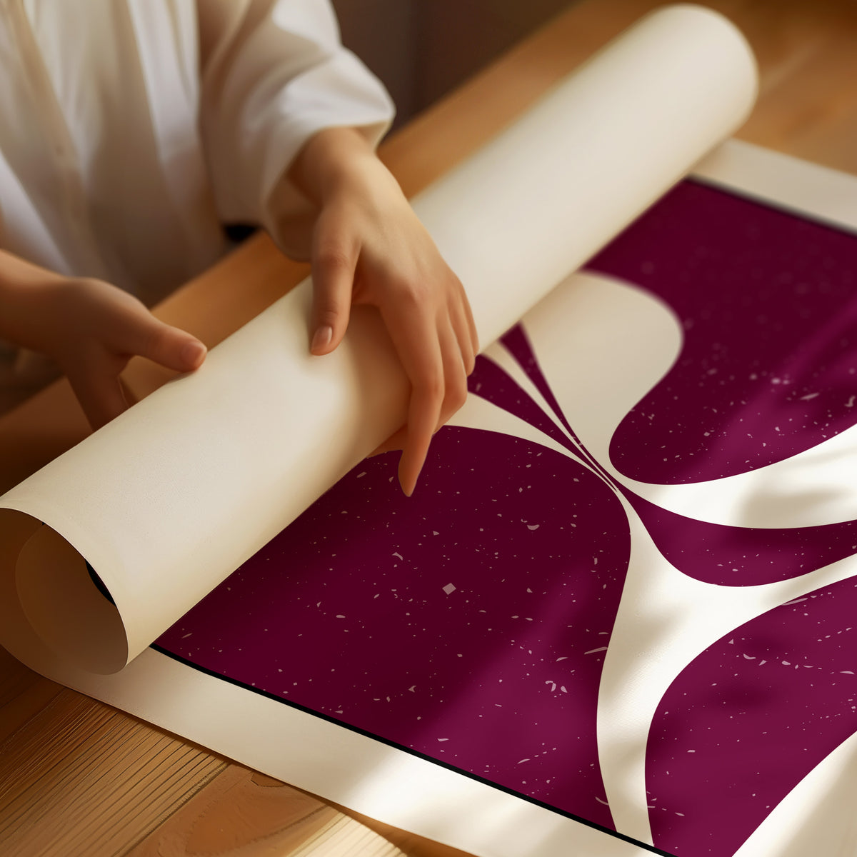 Where Two Curves Almost Touch, two maroon curved forms on a cream ground that lean toward each other and almost meet, with the word TENSION in black capitals and a small Japanese word beside it, as a matte poster, unframed