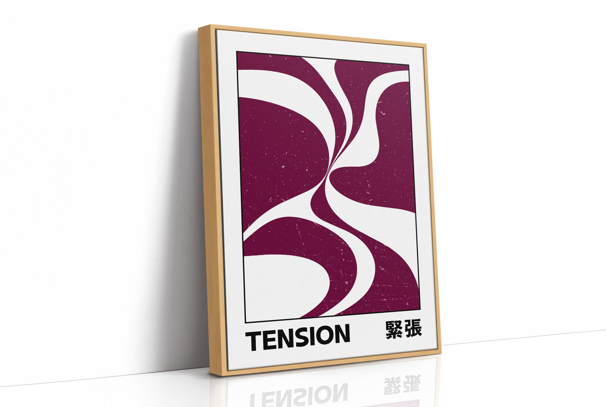 Where Two Curves Almost Touch, two maroon curved forms on a cream ground that lean toward each other and almost meet, with the word TENSION in black capitals and a small Japanese word beside it, as a framed canvas in a natural wood frame
