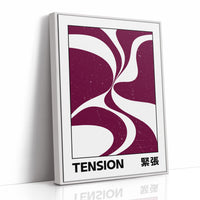 Where Two Curves Almost Touch, two maroon curved forms on a cream ground that lean toward each other and almost meet, with the word TENSION in black capitals and a small Japanese word beside it, as a framed canvas in a white frame