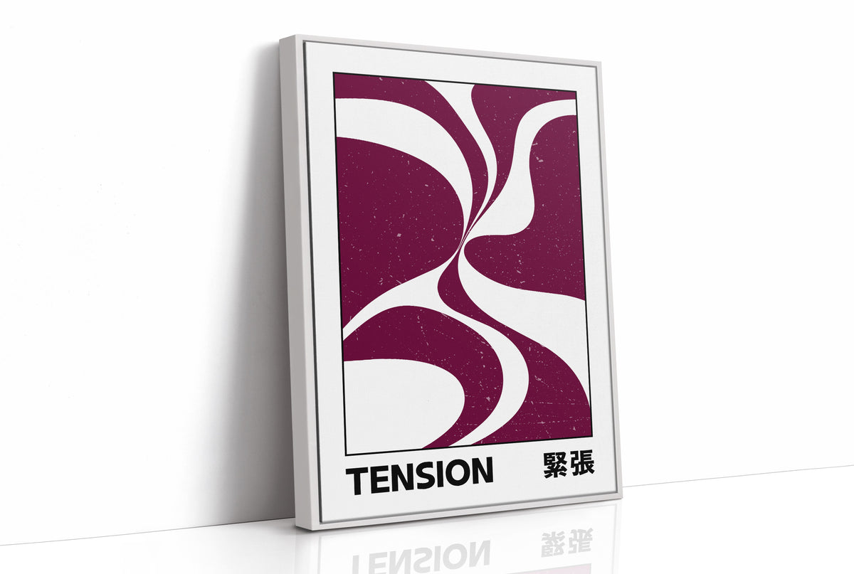 Where Two Curves Almost Touch, two maroon curved forms on a cream ground that lean toward each other and almost meet, with the word TENSION in black capitals and a small Japanese word beside it, as a framed canvas in a white frame