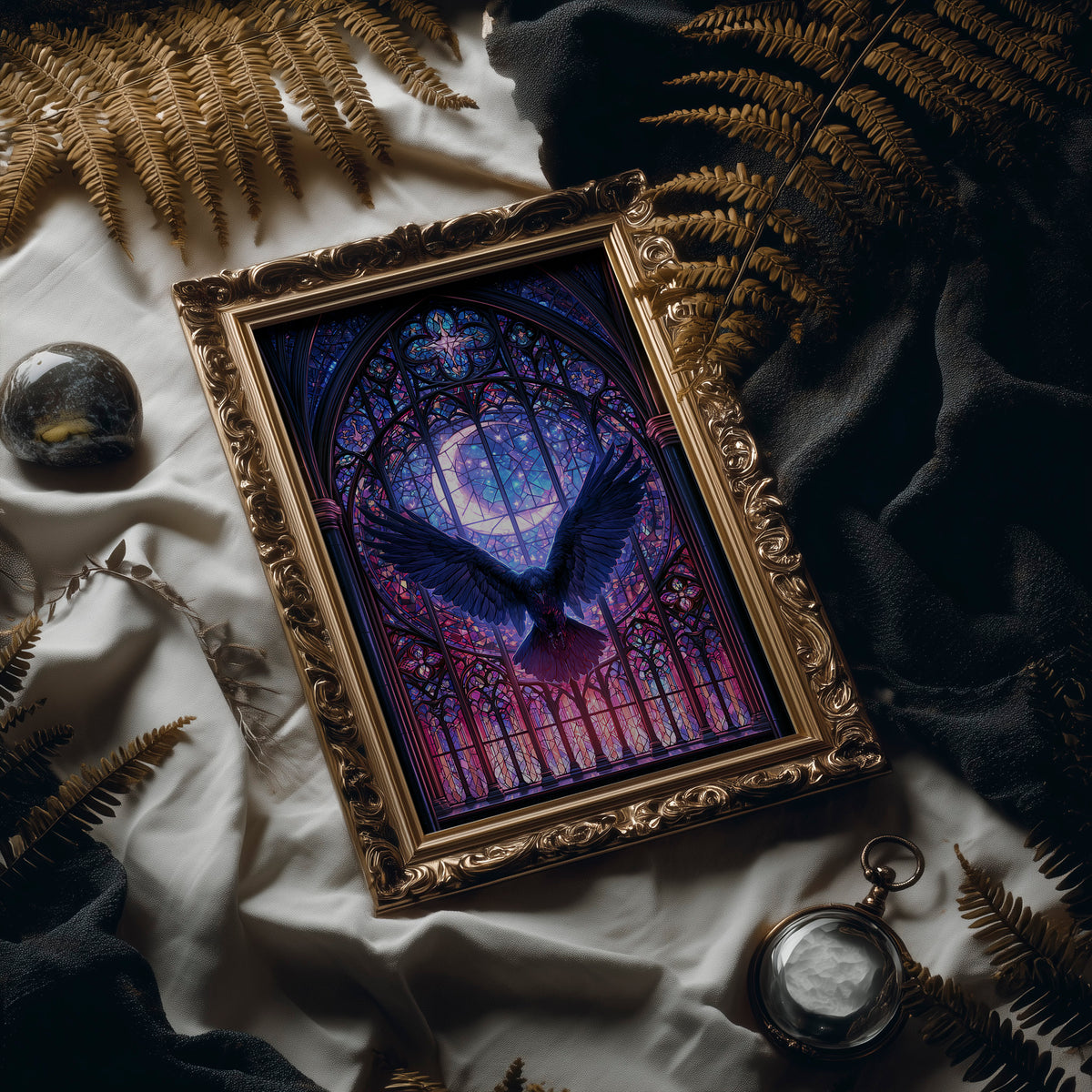 Wings Behind the Stained Pane, a raven with spread wings silhouetted against a crescent moon in a violet stained glass window, painted in indigo, plum and pale moon silver, in an antique gold frame laid on white linen with ferns and a pocket watch